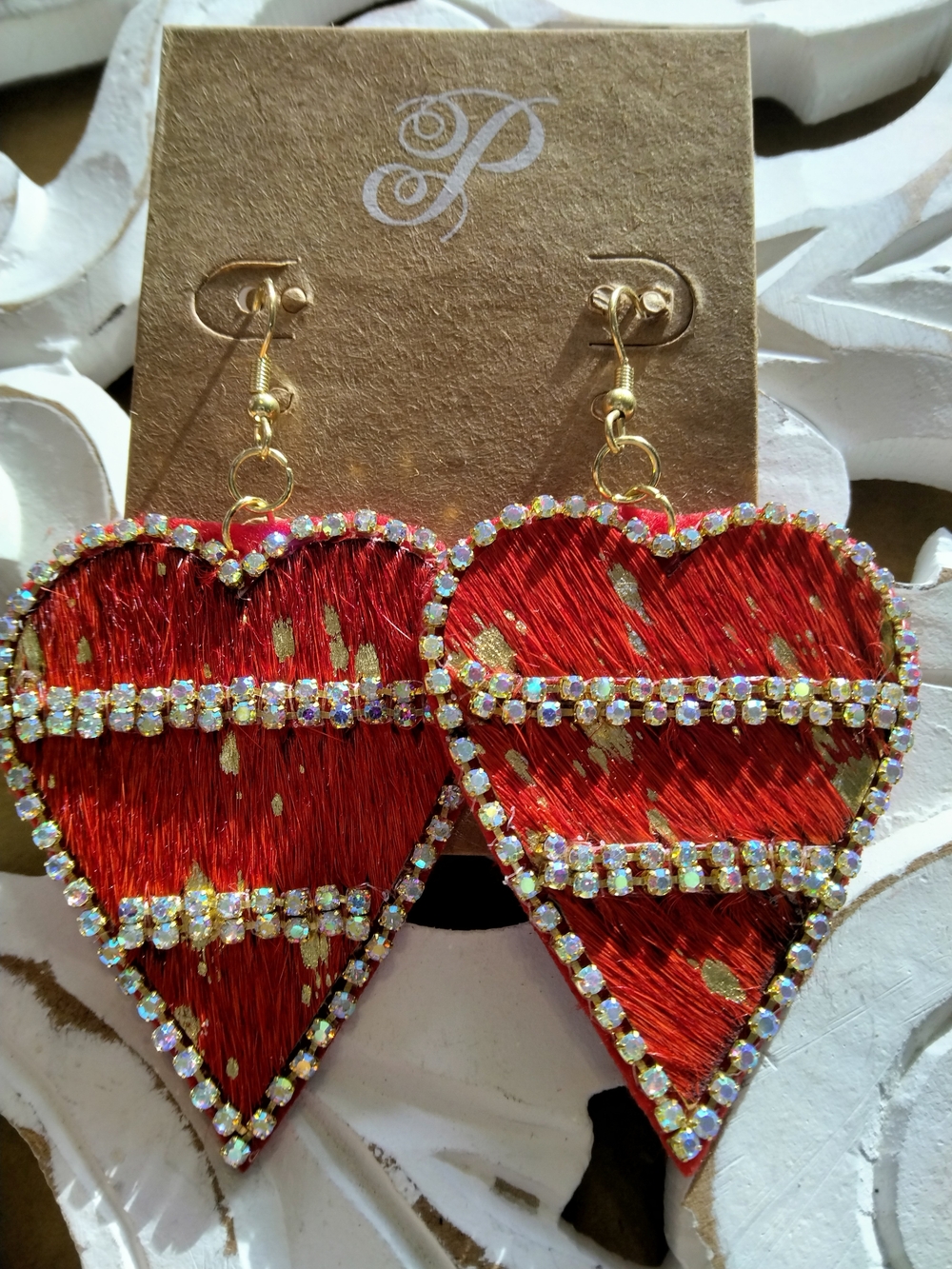 Gold-Trim Red Heart Drop Earrings with Sparkling Rhinestones